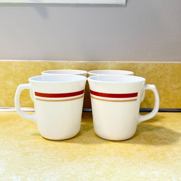 Vintage Corning Ware Mugs Set Of 4 White With Red Stripes 8 Oz - Picture 4 of 4
